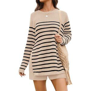Women Cream Striped Sweater Sets Two Piece Comfy Fall Outfits Long Sleeve Casual